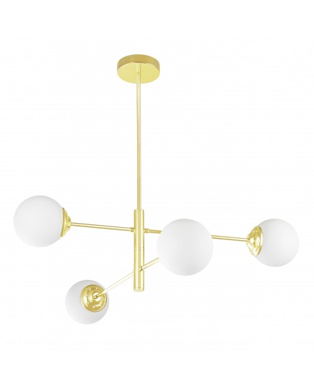 Złota lampa wisząca z czterema białymi kulistymi kloszami w nowoczesnym, geometrycznym układzie ramion.