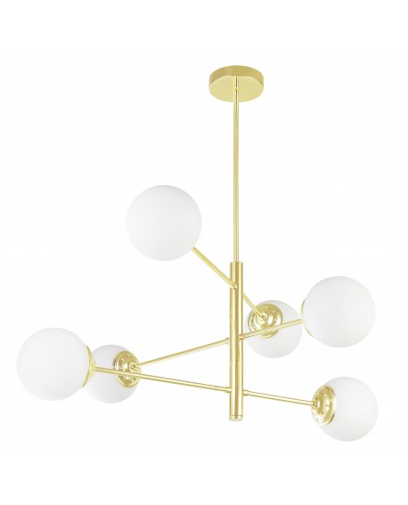Nowoczesna lampa wisząca z sześcioma mlecznymi kloszami na złotych ramionach, w stylu geometrycznym.