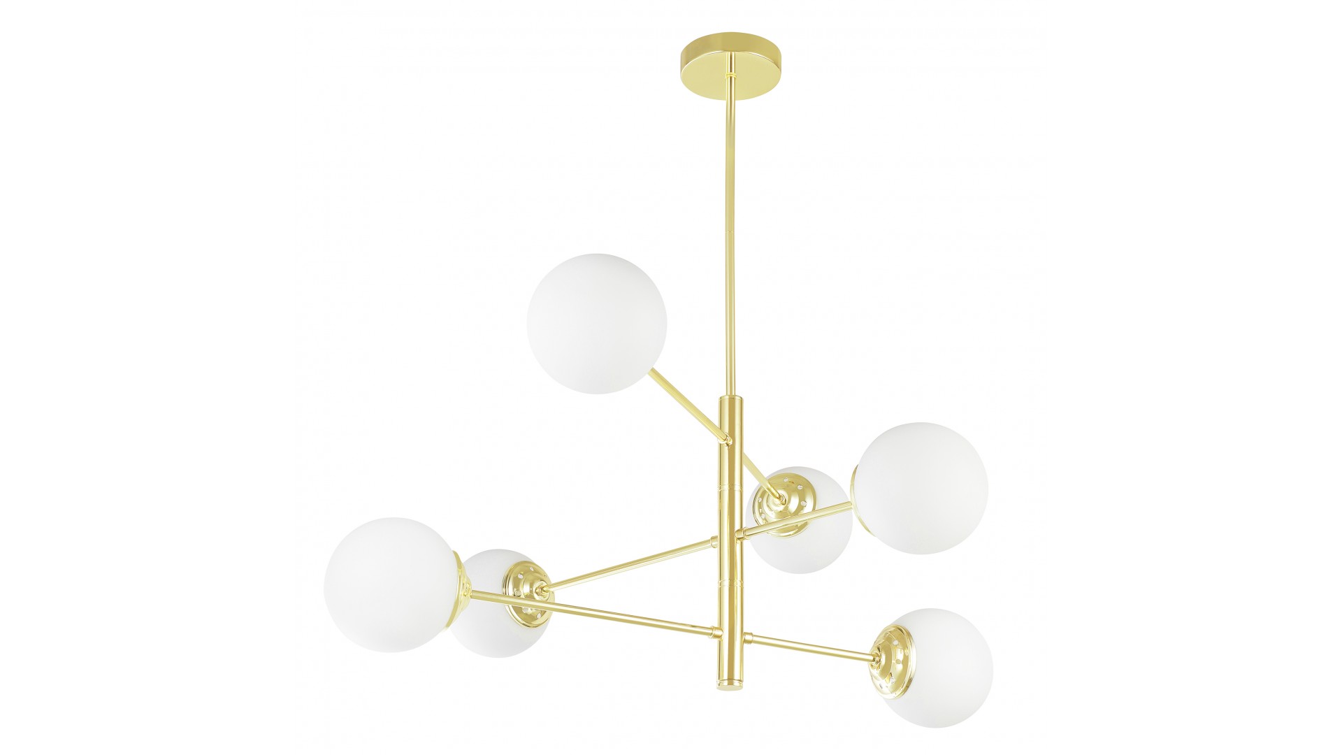 Nowoczesna lampa wisząca z sześcioma mlecznymi kloszami na złotych ramionach, w stylu geometrycznym.