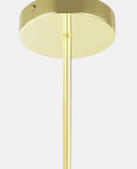 Złota podsufitka lampy wiszącej z mocowaniem do sufitu i smukłą rurką w eleganckim, połyskującym wykończeniu