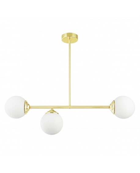 Złota lampa wisząca z trzema mlecznymi kloszami, nowoczesna, elegancka, idealna do wnętrz glamour i modern classic