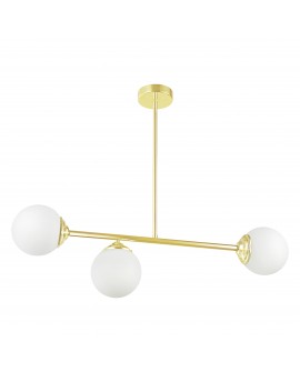 Złota lampa wisząca z trzema mlecznymi kloszami, nowoczesna, elegancka, idealna do wnętrz glamour i modern classic