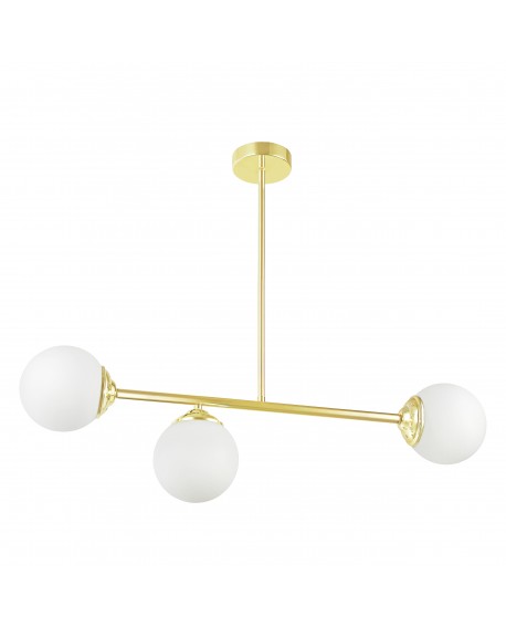 Złota lampa wisząca z trzema mlecznymi kloszami, nowoczesna, elegancka, idealna do wnętrz glamour i modern classic