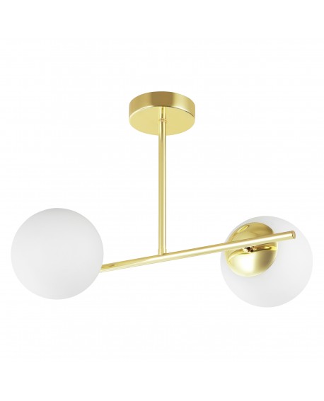 Złota lampa sufitowa z dwoma mlecznymi kulami, nowoczesny model do eleganckich wnętrz glamour i modern classic