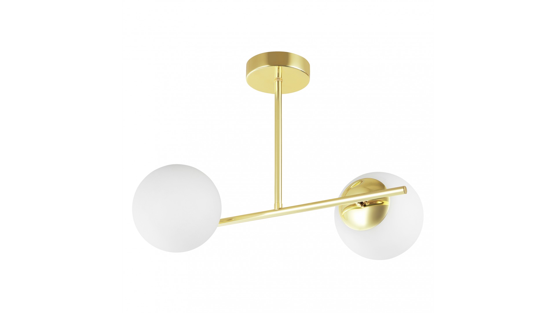 Złota lampa sufitowa z dwoma mlecznymi kulami, nowoczesny model do eleganckich wnętrz glamour i modern classic