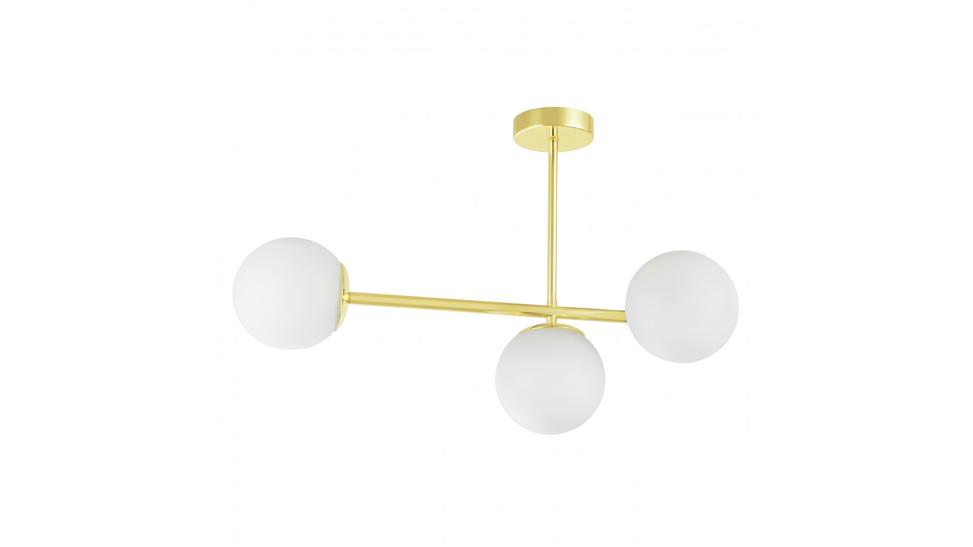 Złota lampa sufitowa z trzema mlecznymi kulami, idealna do wnętrz glamour i nowoczesnych.