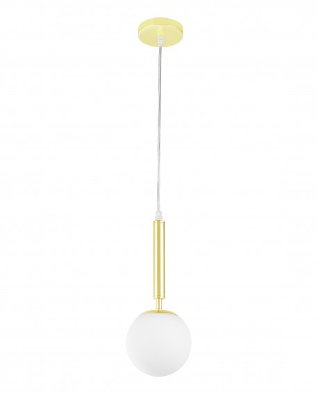 Złota lampa wisząca z pojedynczym matowym kloszem w stylu modern i gamour.