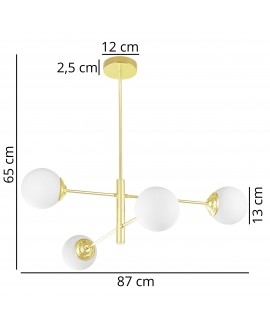 Wymiary złotej lampy wiszącej z czterema białymi kulami – nowoczesna lampa 87×65 cm z podsufitką 12 cm