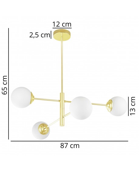 Wymiary złotej lampy wiszącej z czterema białymi kulami – nowoczesna lampa 87×65 cm z podsufitką 12 cm