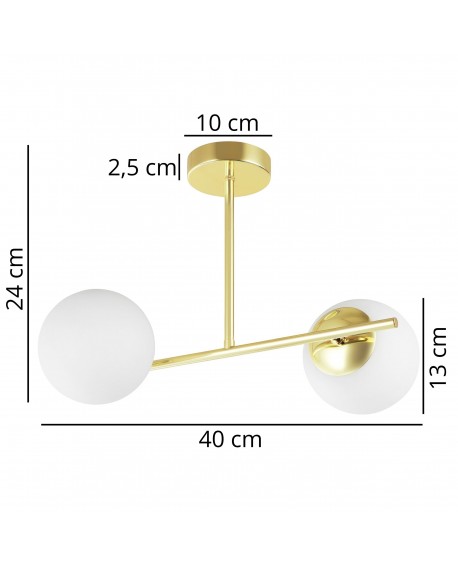 Złota lampa sufitowa z dwoma mlecznymi kloszami w stylu nowoczesnym o szerokości 40 cm