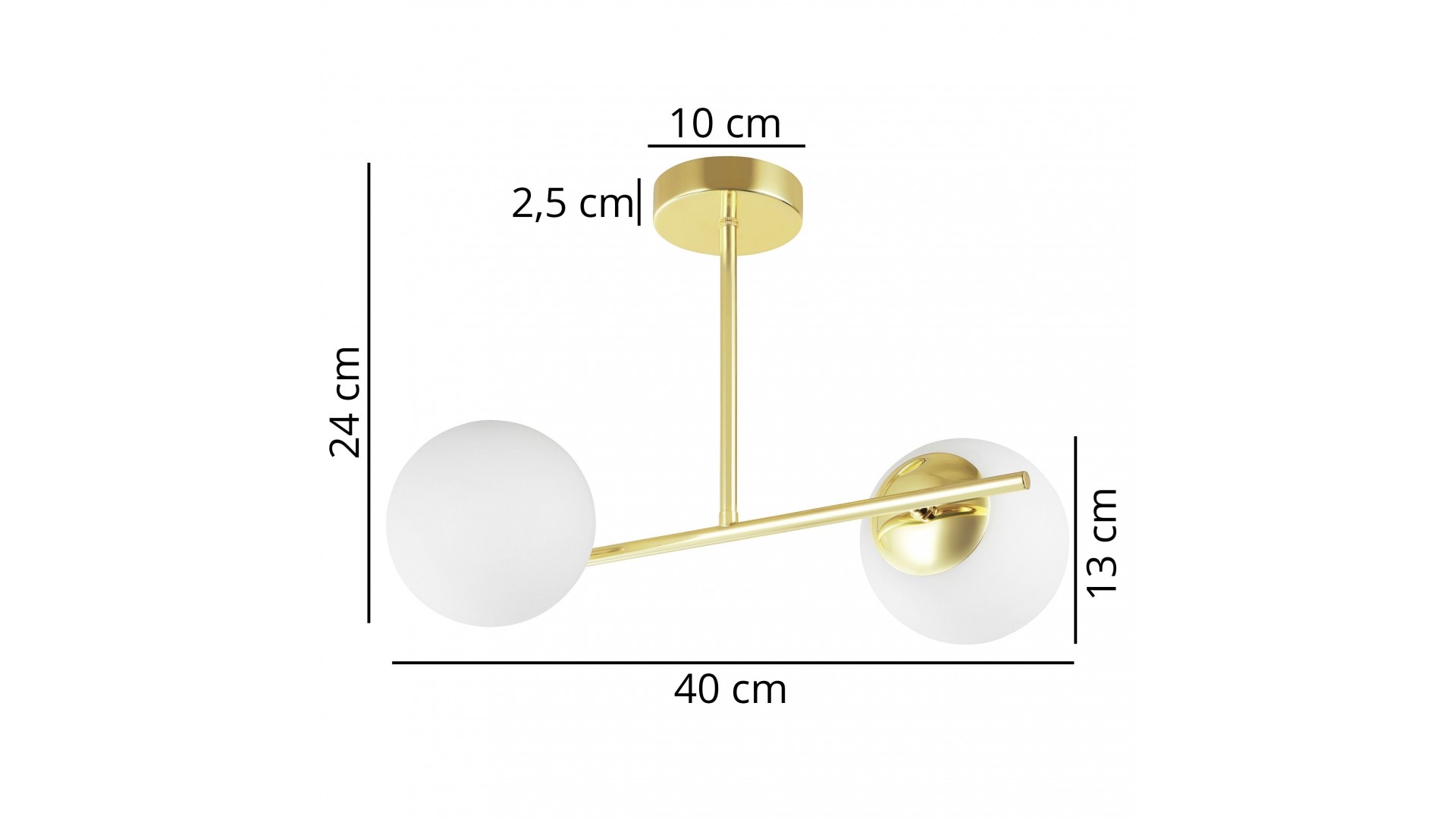 Złota lampa sufitowa z dwoma mlecznymi kloszami w stylu nowoczesnym o szerokości 40 cm