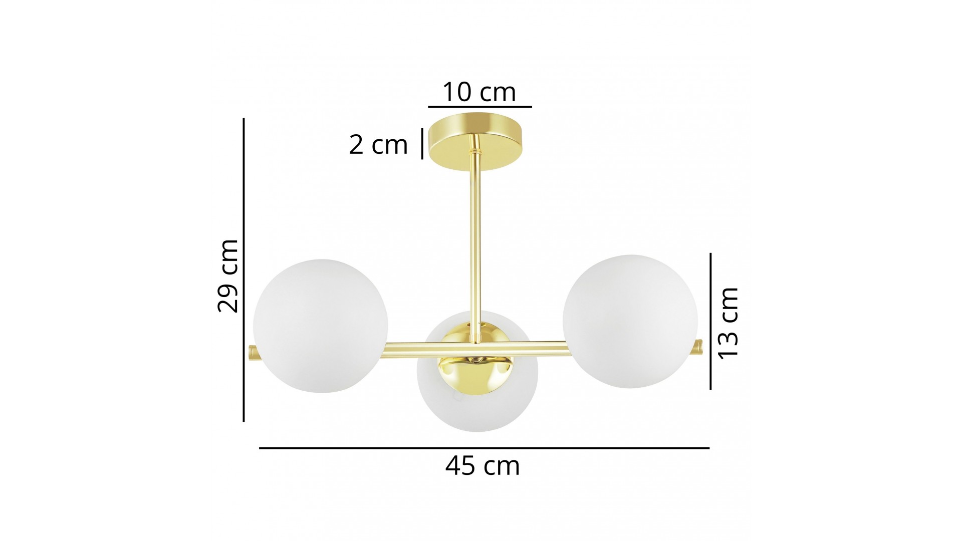 Wymiary lampy wiszącej LEDO Lampit z trzema kulami oraz złotą konstrukcją
