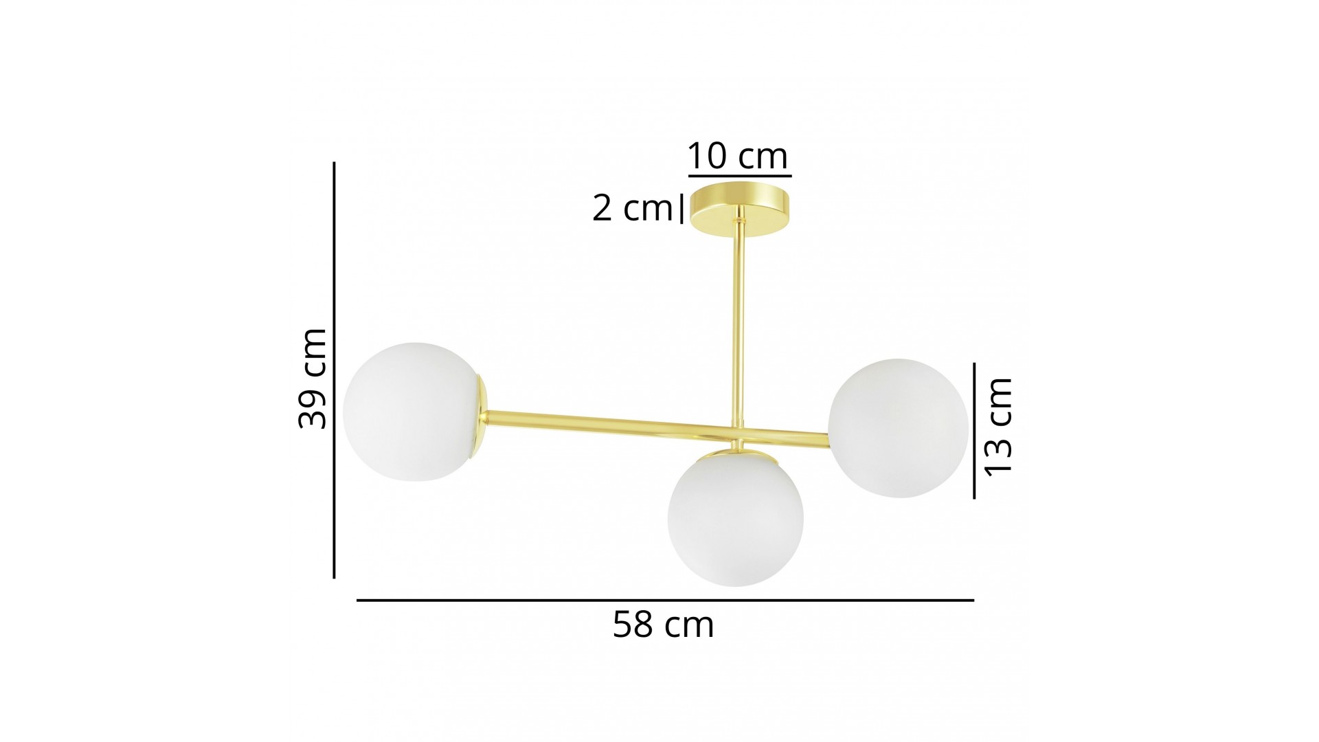 Złota lampa sufitowa z trzema matowymi kloszami o szerokości 58cm i wysokości 39cm