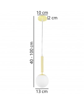 Złota lampa wisząca z mleczną kulą, regulowana wysokość 40–100 cm, nowoczesna lampa sufitowa
