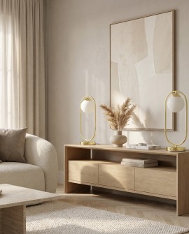 Biała kula i złota podstawa lampa stołowa marki Lampit VERO styl nowoczesny w eleganckim salonie