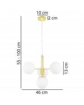 Lampa wisząca złota z czterema kulami szklanymi – wymiary 55–100 cm wysokości i 46 cm szerokości