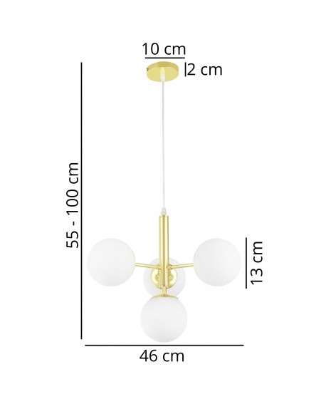 Lampa wisząca złota z czterema kulami szklanymi – wymiary 55–100 cm wysokości i 46 cm szerokości