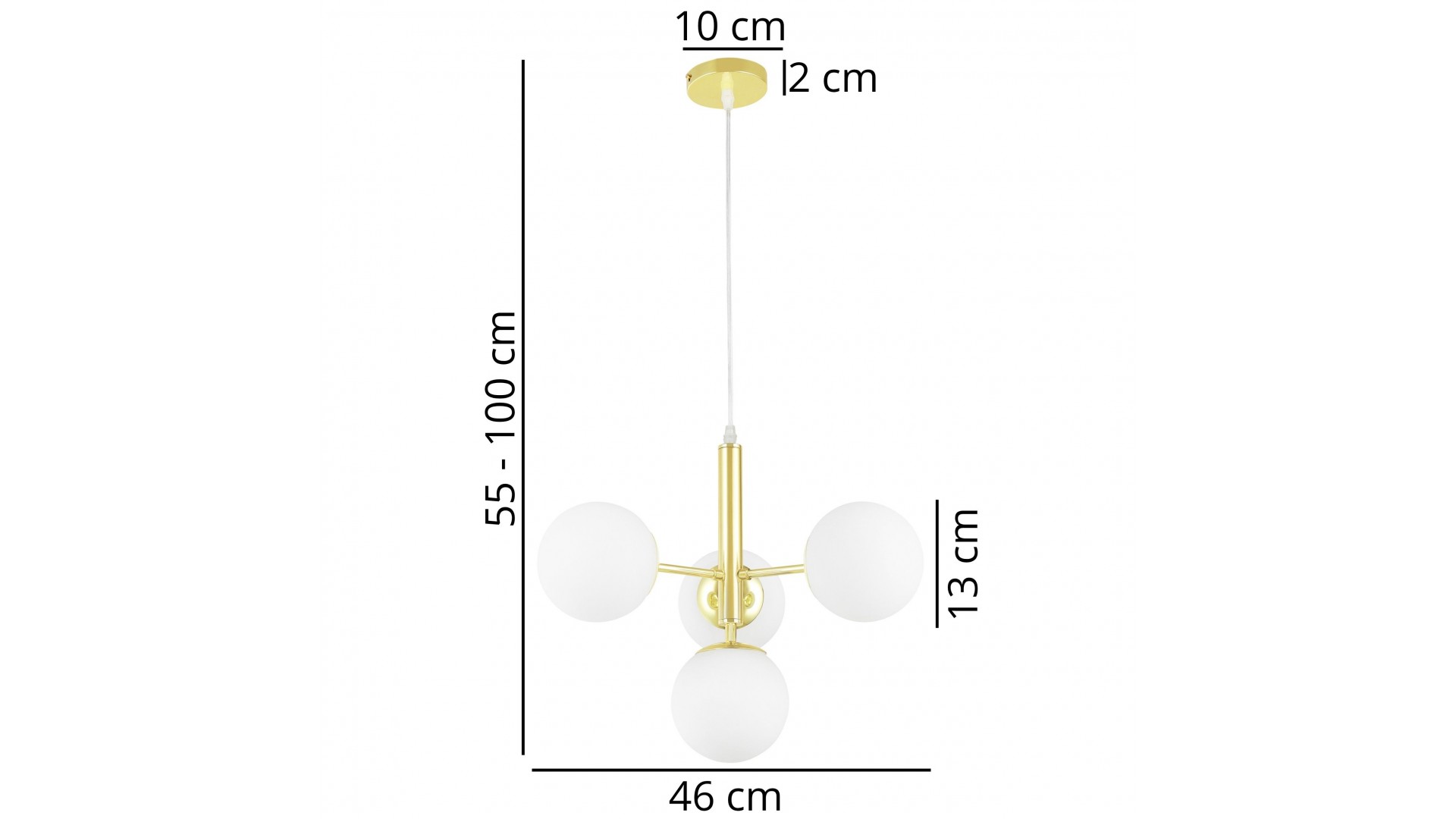 Lampa wisząca złota z czterema kulami szklanymi – wymiary 55–100 cm wysokości i 46 cm szerokości