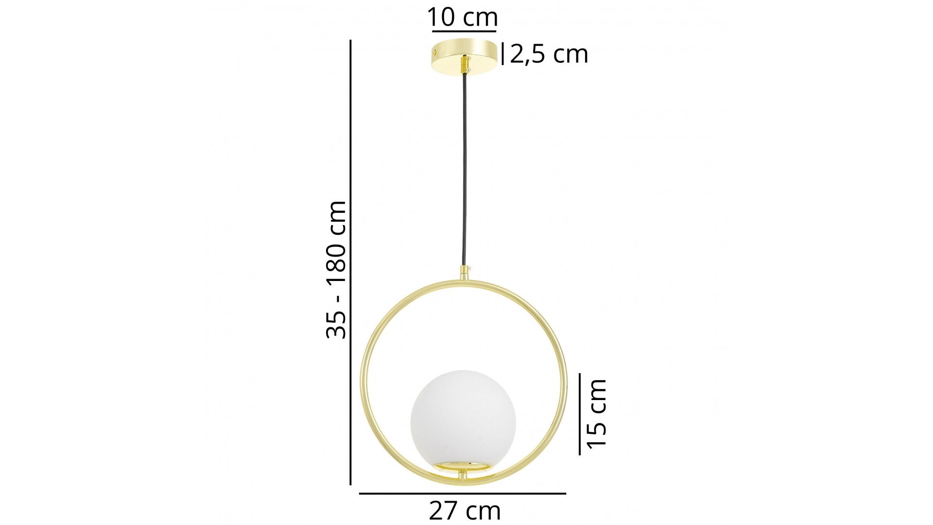 Nowoczesna złota lampa wisząca z okrągłą obręczą i białym kloszem, regulowana wysokość 35–180 cm