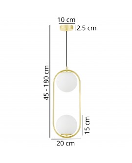 Lampa sufitowa w stylu nowoczesnym Lampit VERO 2B z białymi kulami i złotą konstrukcją i podanymi wymiarami