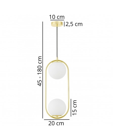 Lampa sufitowa w stylu nowoczesnym Lampit VERO 2B z białymi kulami i złotą konstrukcją i podanymi wymiarami