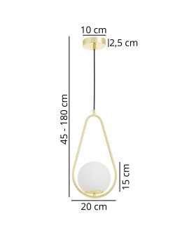 Złota lampa wisząca z białą kulą widok techniczny z oznaczeniem rozmiaru