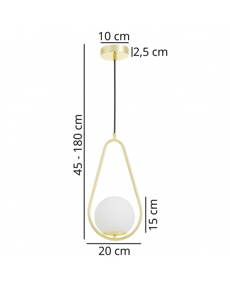 Złota lampa wisząca z białą kulą widok techniczny z oznaczeniem rozmiaru
