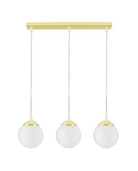 Lampa Fino W3 z trzema białymi szklanymi kulami na złotym stelażu – eleganckie oświetlenie do nowoczesnych wnętrz
