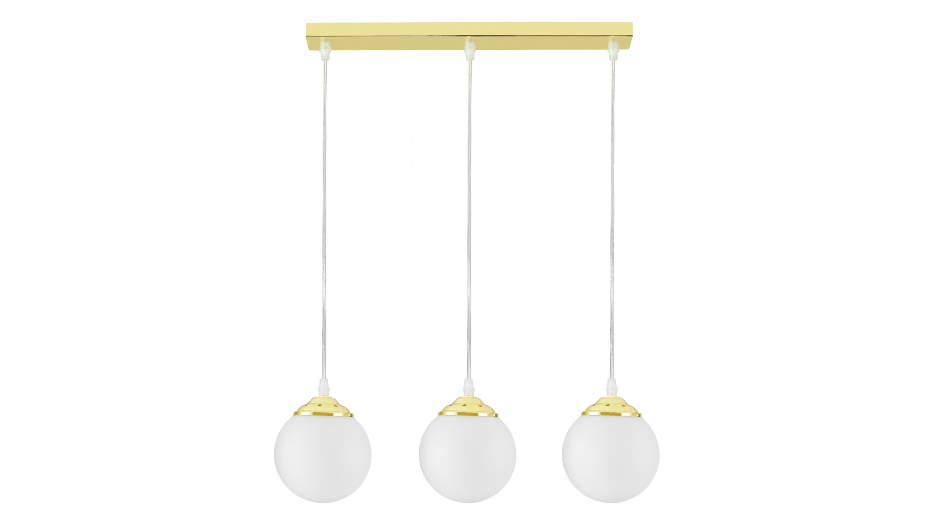 Lampa Fino W3 z trzema białymi szklanymi kulami na złotym stelażu – eleganckie oświetlenie do nowoczesnych wnętrz