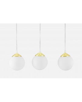  Trzy wiszące białe klosze złotej lampy Fino – minimalistyczne oświetlenie do nowoczesnych wnętrz