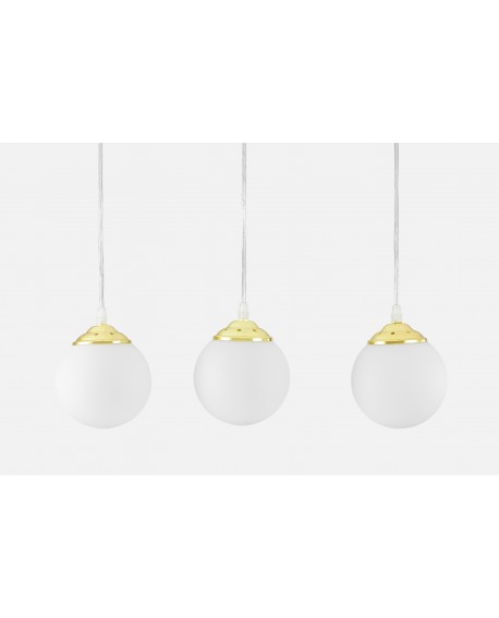  Trzy wiszące białe klosze złotej lampy Fino – minimalistyczne oświetlenie do nowoczesnych wnętrz