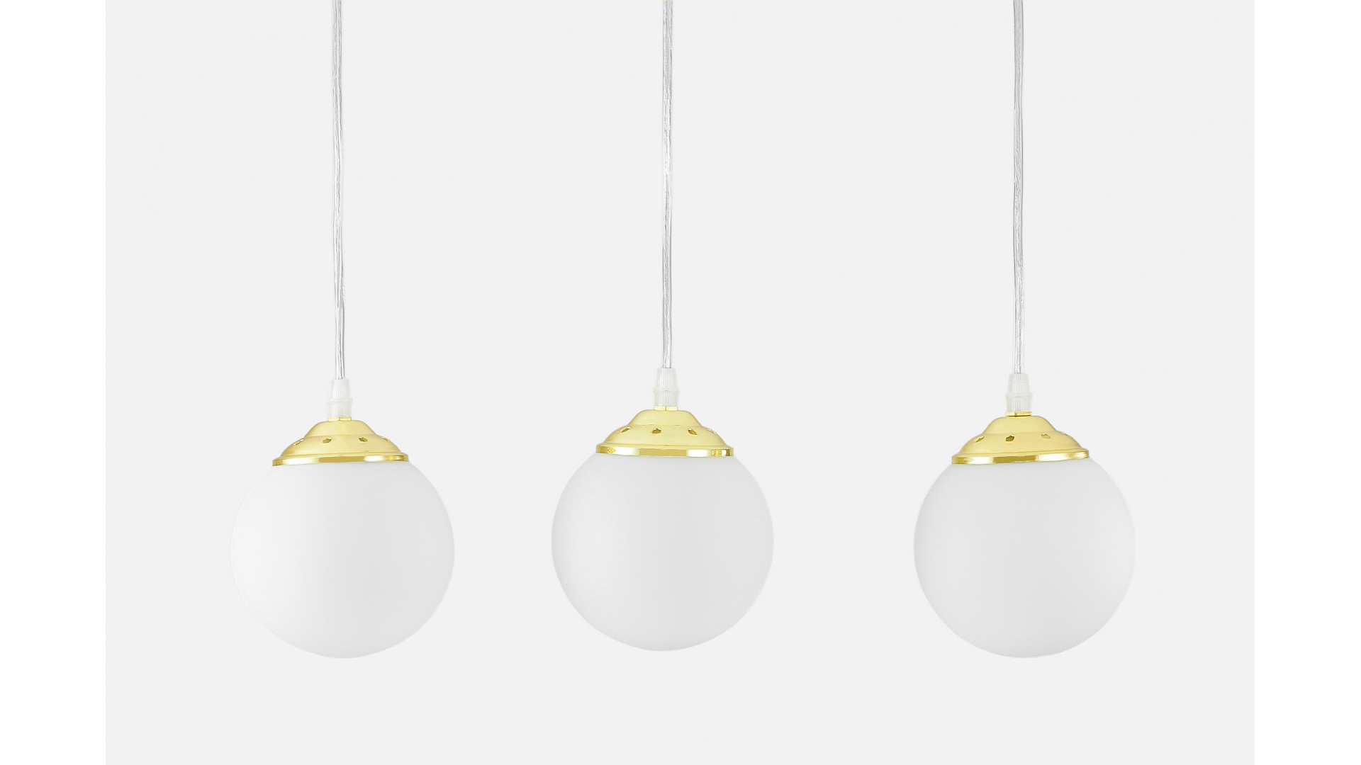  Trzy wiszące białe klosze złotej lampy Fino – minimalistyczne oświetlenie do nowoczesnych wnętrz