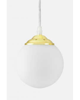 Zbliżenie na detal złotej oprawy i mlecznobiałego klosza lampy FINO W3 marki Lampit