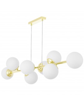 Złota lampa wisząca FINO o symetrycznej konstrukcji z ośmioma mlecznymi kulami