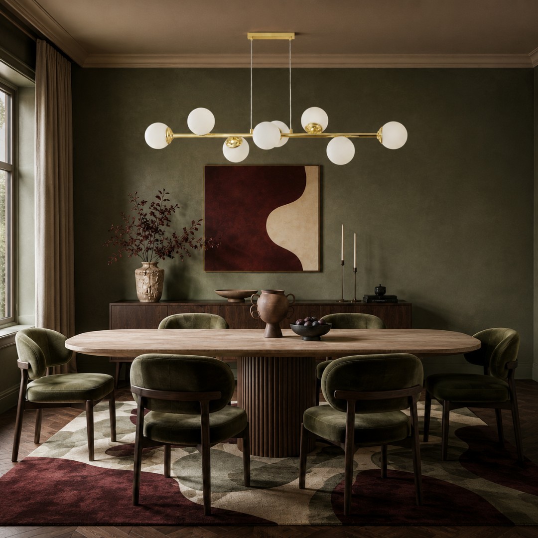 Złota lampa wisząca FINO z mlecznymi kulami nad stołem w jadalni w stylu modern classic