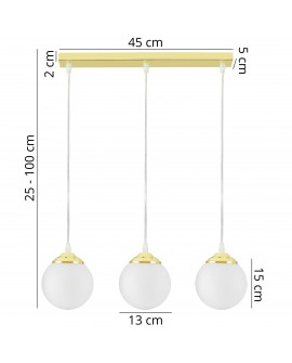 Wymiary lampa Fino W3 z trzema białymi szklanymi kulami na złotym stelażu: szerokość lampy 45 cm, regulowana wysokość 25–100 cm