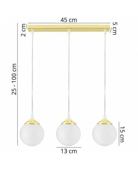 Wymiary lampa Fino W3 z trzema białymi szklanymi kulami na złotym stelażu: szerokość lampy 45 cm, regulowana wysokość 25–100 cm