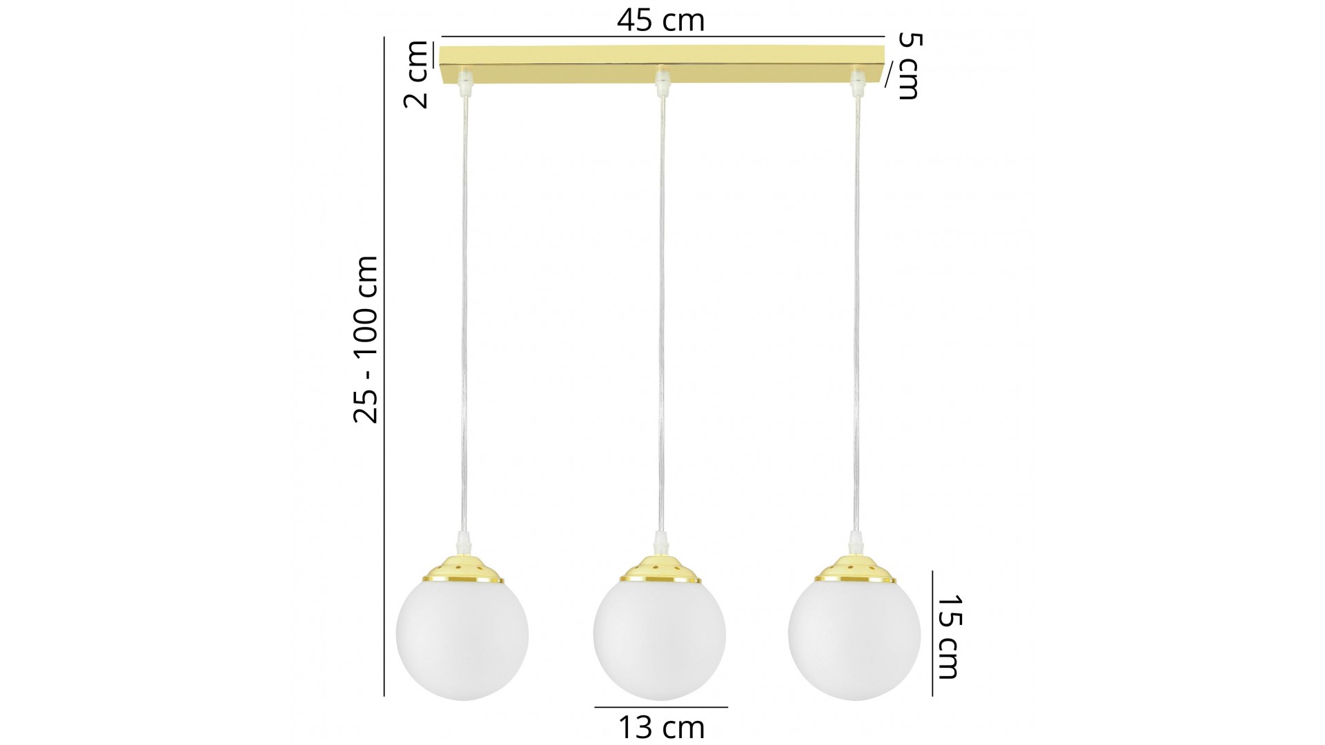 Wymiary lampa Fino W3 z trzema białymi szklanymi kulami na złotym stelażu: szerokość lampy 45 cm, regulowana wysokość 25–100 cm