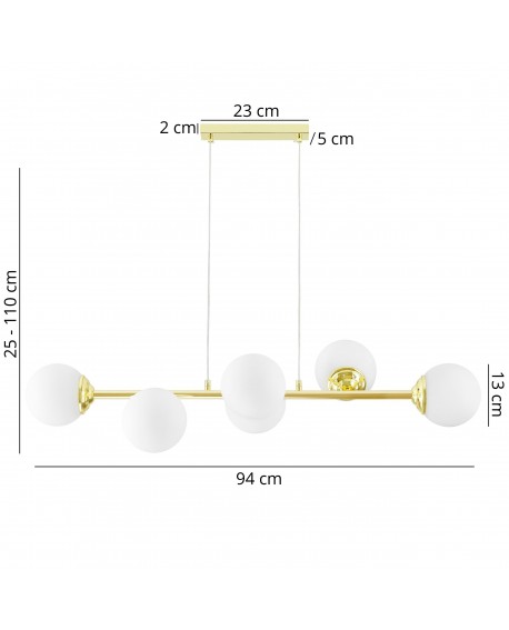 Lampa wisząca złoto klasyczne z sześcioma białymi kulami szkło mleczne wymiary 94 cm wysokość 25 do 110 cm Lampit model FINO 6