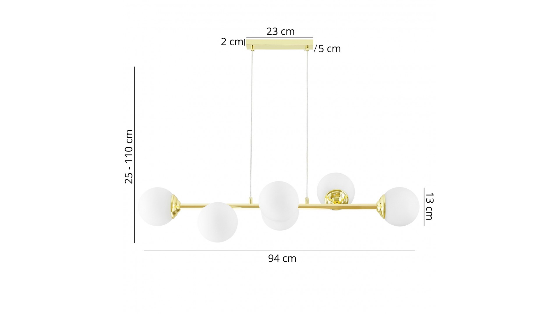 Lampa wisząca złoto klasyczne z sześcioma białymi kulami szkło mleczne wymiary 94 cm wysokość 25 do 110 cm Lampit model FINO 6