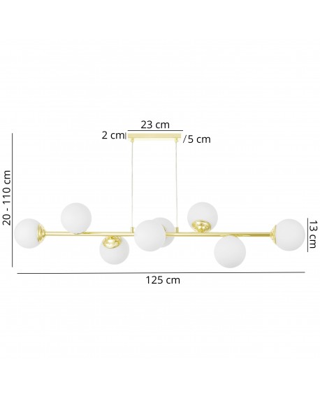 Lampa wisząca FINO Lampit w wersji złotej z oznaczonymi wymiarami szerokości i wysokości