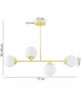 Lampa z 4 kulistymi kloszami, złote wykończenie, eleganckie mocowanie, regulowana wysokość 40–60 cm, minimalistyczny design