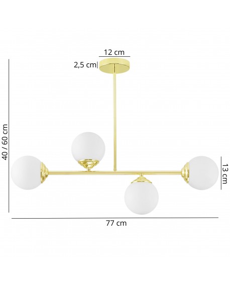 Lampa z 4 kulistymi kloszami, złote wykończenie, eleganckie mocowanie, regulowana wysokość 40–60 cm, minimalistyczny design