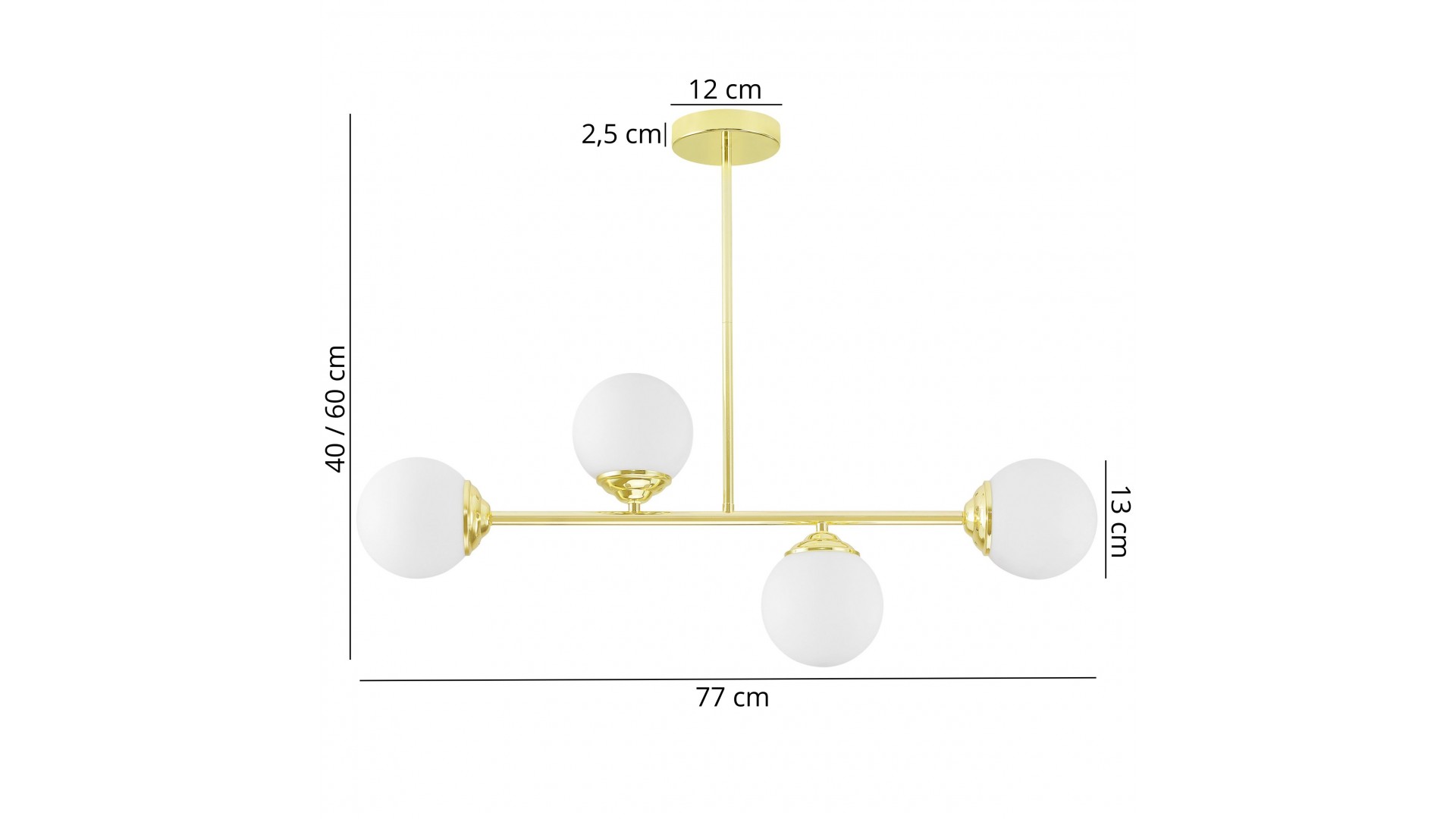 Lampa z 4 kulistymi kloszami, złote wykończenie, eleganckie mocowanie, regulowana wysokość 40–60 cm, minimalistyczny design