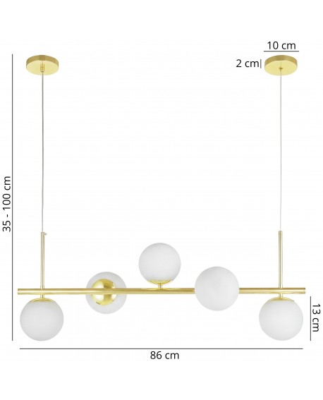 Nowoczesna złota lampa wisząca z pięcioma kulistymi kloszami – wymiary 86 cm i regulowana wysokość 35–100 cm