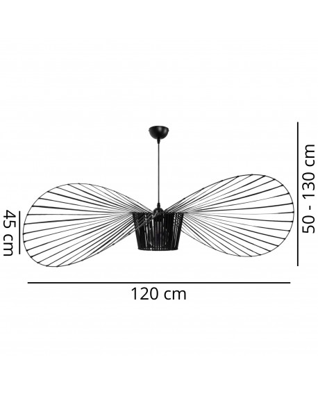 Rysunek techniczny czarnej lampy sufitowej SOMBRERO D120 z podanymi szerokością i wysokością