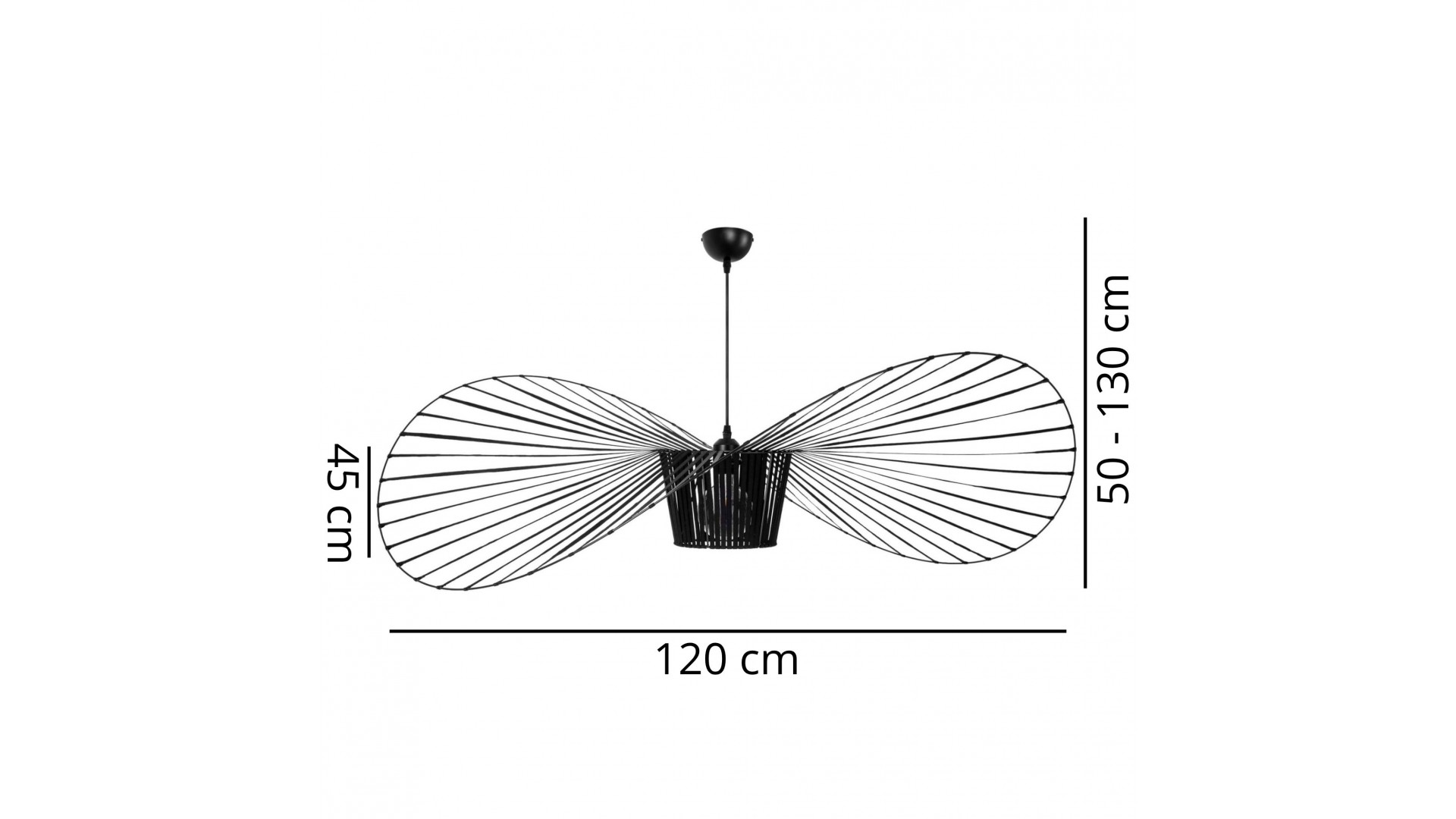 Rysunek techniczny czarnej lampy sufitowej SOMBRERO D120 z podanymi szerokością i wysokością