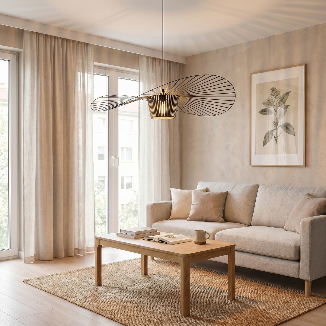 Designerska czarna lampa SOMBRERO D100 w aranżacji salonu z beżową sofą i stolikiem