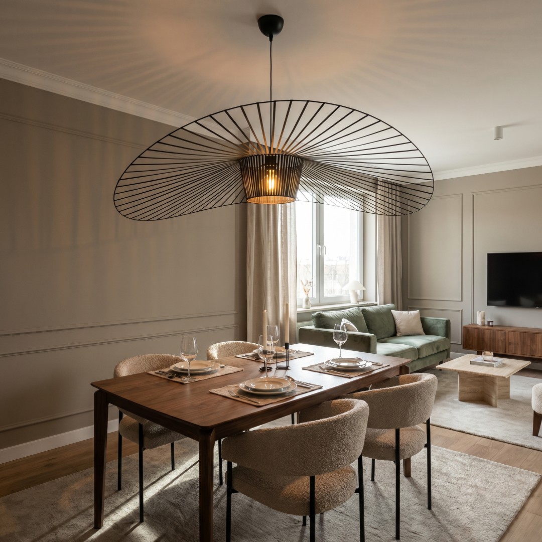 Designerska lampa SOMBRERO D120 z ażurowym abażurem jako centralny punkt jadalni