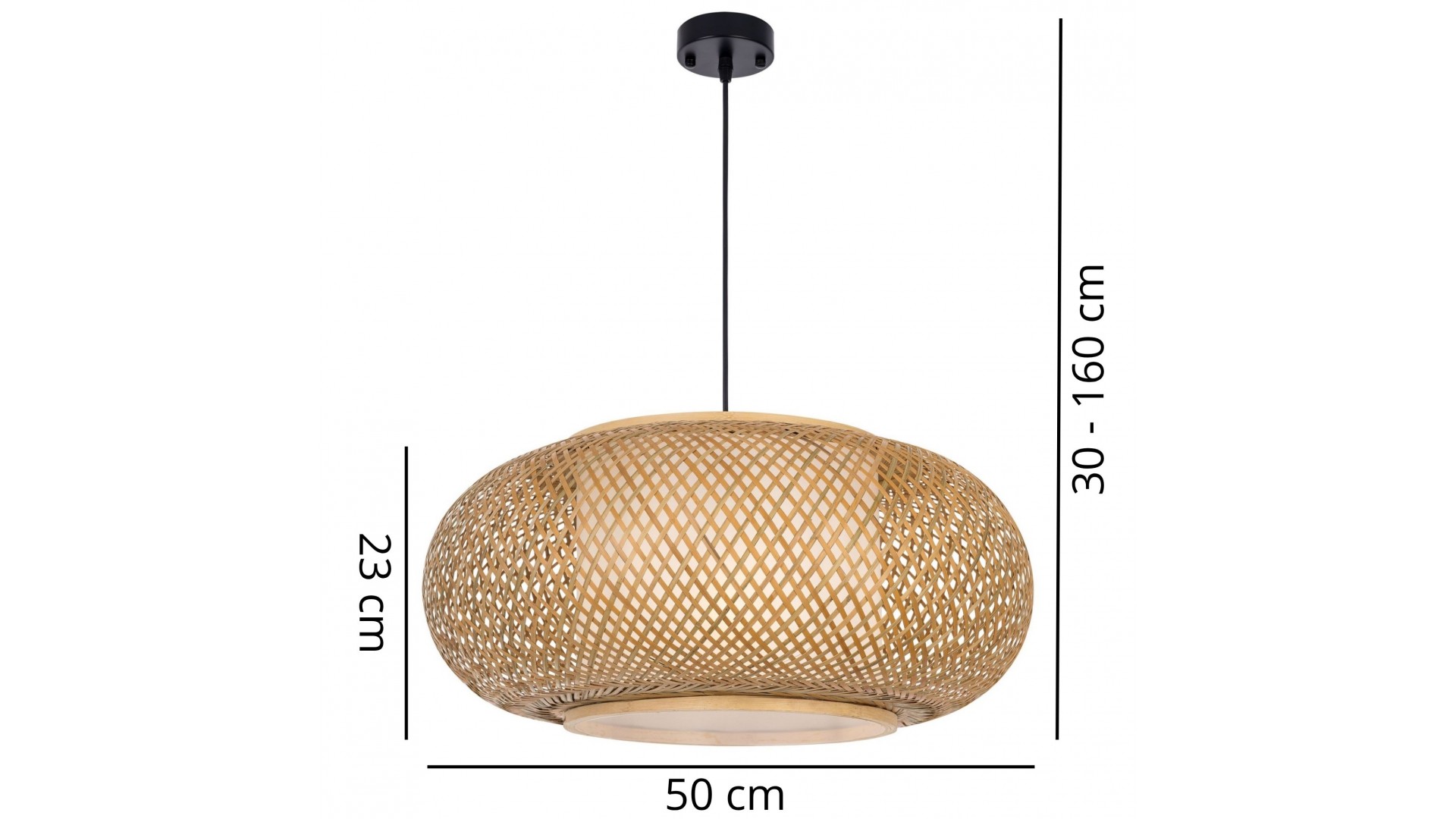 Szczegółowa grafika z wymiarami plecionej lampy boho idealnej do jadalni